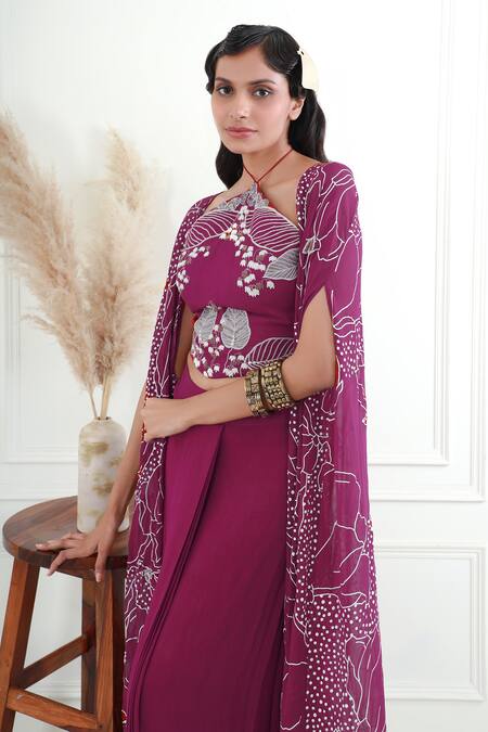 EK Soot_Purple Georgette Print And Embroidery Floral Cape & Draped Skirt Set  _at_Aza_Fashions