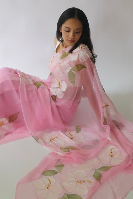 Meghstudio_Pink Saree Viscose Chiffon Hand Painted Hibiscus With Unstitched Blouse Piece _Online_at_Aza_Fashions