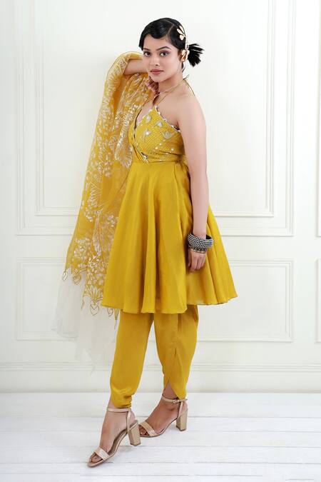 Shop_EK Soot_Gold Chanderi And Organza Embroidery Bird Applique Kurta Dhoti Pant Set  _Online_at_Aza_Fashions