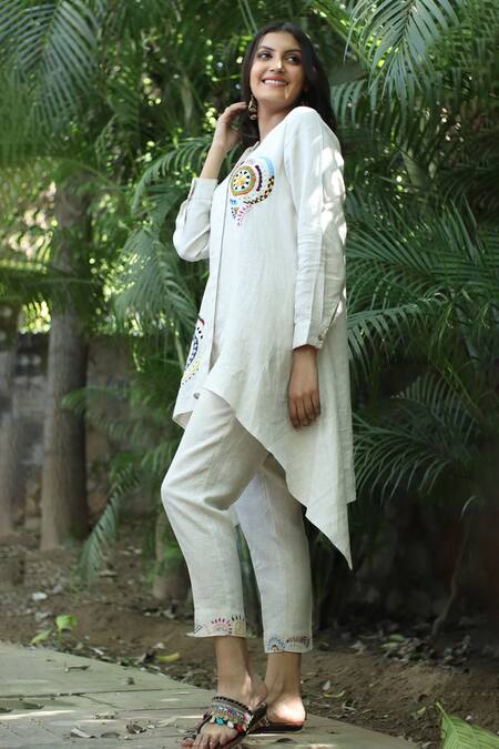 Buy_Linen Bloom_Beige Linen Embroidery Round Neck High Low Hem Tunic _Online_at_Aza_Fashions