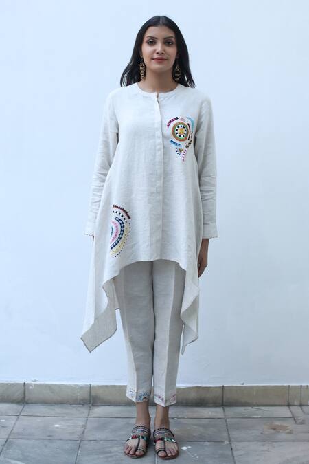 Shop_Linen Bloom_Beige Linen Embroidery Straight Fit Pant _Online_at_Aza_Fashions