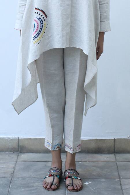 Buy Linen Bloom Beige Linen Embroidery Straight Fit Pant Online at Aza Fashions Buy_Linen Bloom_Beige Linen Embroidery Straight Fit Pant _Online_at_Aza_Fashions