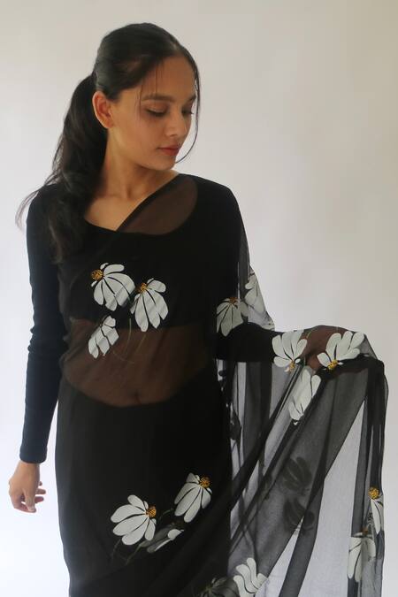 Meghstudio_Black Viscose, Silk, Modal Daisy Hand Painted Saree With Unstitched Blouse Piece _Online_at_Aza_Fashions