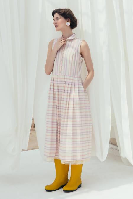Itr By Khyati Pande_Beige Handloom , Collared Stripe Pattern Handwoven Midi Dress_Online_at_Aza_Fashions