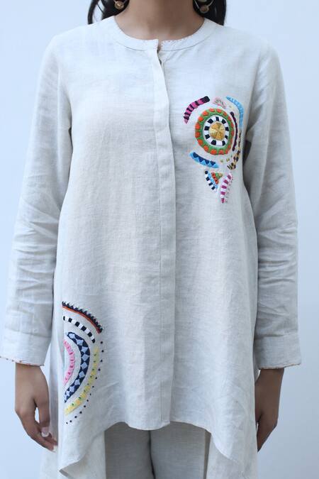 Shop_Linen Bloom_Beige Linen Embroidery Round Neck High Low Hem Tunic _Online_at_Aza_Fashions