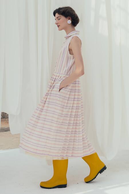 Buy_Itr By Khyati Pande_Beige Handloom , Collared Stripe Pattern Handwoven Midi Dress_Online_at_Aza_Fashions