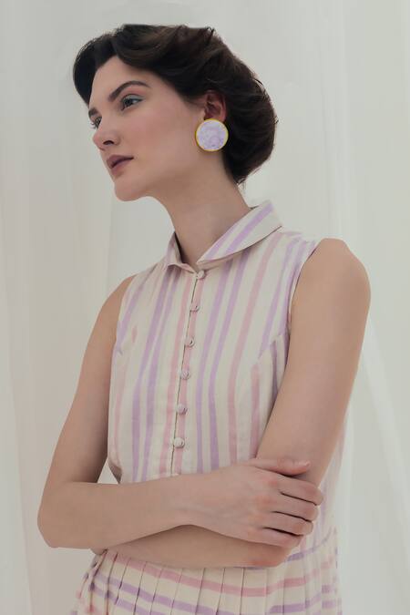 Shop_Itr By Khyati Pande_Beige Handloom , Collared Stripe Pattern Handwoven Midi Dress_Online_at_Aza_Fashions