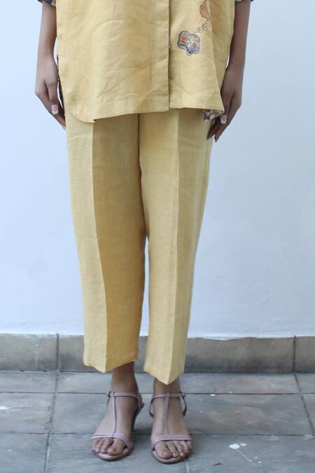 Linen Bloom_Yellow Linen Straight Fit Pant  _Online_at_Aza_Fashions