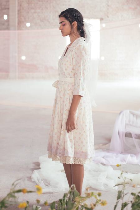Buy_Itr By Khyati Pande_Off White Cotton Lace V-neck Floral Hand Block Print Dress_Online_at_Aza_Fashions