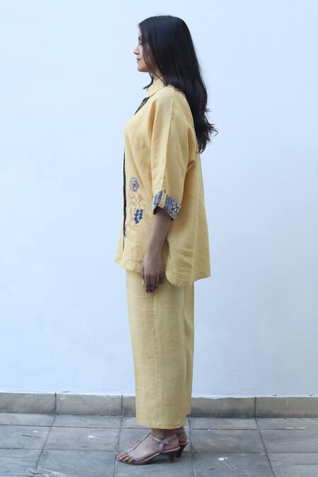 Buy_Linen Bloom_Yellow Linen Straight Fit Pant  _Online_at_Aza_Fashions