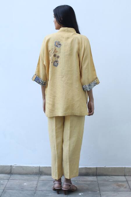 Shop_Linen Bloom_Yellow Linen Straight Fit Pant  _Online_at_Aza_Fashions
