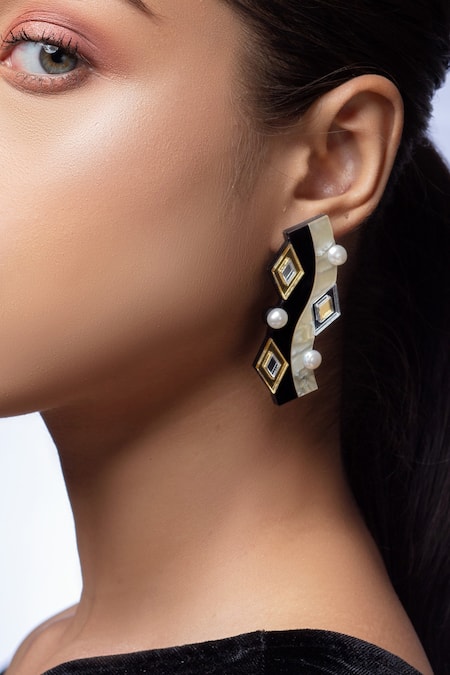 Buy_Prachi Gupta_Beige Imitation Diamonds Moire Colorblock Geometric Pattern Stud Earrings _Online_at_Aza_Fashions