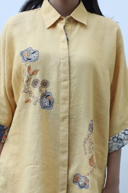 Shop_Linen Bloom_Yellow Linen Metallic Thread Collared Floral Embroidered Shirt _Online_at_Aza_Fashions