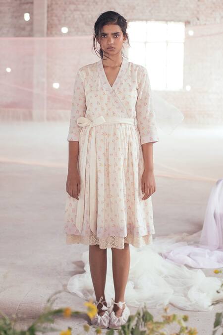 Shop_Itr By Khyati Pande_Off White Cotton Lace V-neck Floral Hand Block Print Dress_Online_at_Aza_Fashions