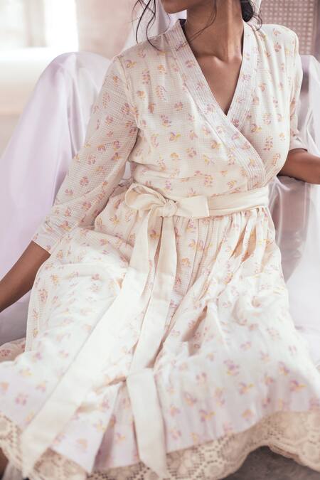 Itr By Khyati Pande_Off White Cotton Lace V-neck Floral Hand Block Print Dress_at_Aza_Fashions