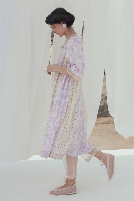 Buy Itr By Khyati Pande Beige Handloom Cotton Embroidery, Lace V-neck Bellflower Hand Block Print Kurta Online at Aza Fashions Buy_Itr By Khyati Pande_Beige Handloom Cotton Embroidery, Lace V-neck Bellflower Hand Block Print Kurta_Online_at_Aza_Fashions