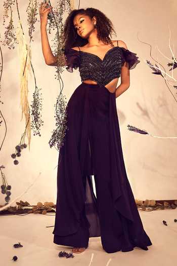 BABITA M_Purple Organza, Crepe Embroidery Sweetheart Neck Cut Out Bodice Jumpsuit _Online_at_Aza_Fashions