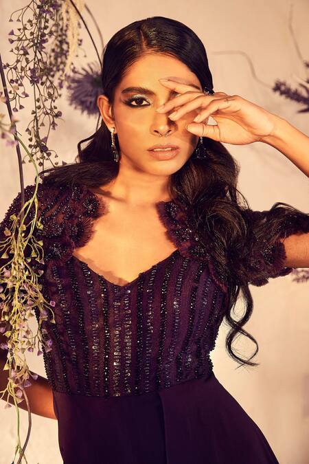Buy_Babita Malkani_Purple Sequins, Crystals, Embroidery V-neck Italian Crepe Jumpsuit _Online_at_Aza_Fashions