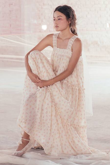 Itr By Khyati Pande_Off White Cotton Square Neck Floral Checkered Maxi Dress_Online_at_Aza_Fashions