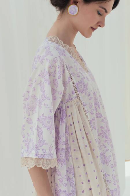 Shop Itr By Khyati Pande Beige Handloom Cotton Embroidery, Lace V-neck Bellflower Hand Block Print Kurta Online at Aza Fashions Shop_Itr By Khyati Pande_Beige Handloom Cotton Embroidery, Lace V-neck Bellflower Hand Block Print Kurta_Online_at_Aza_Fashions