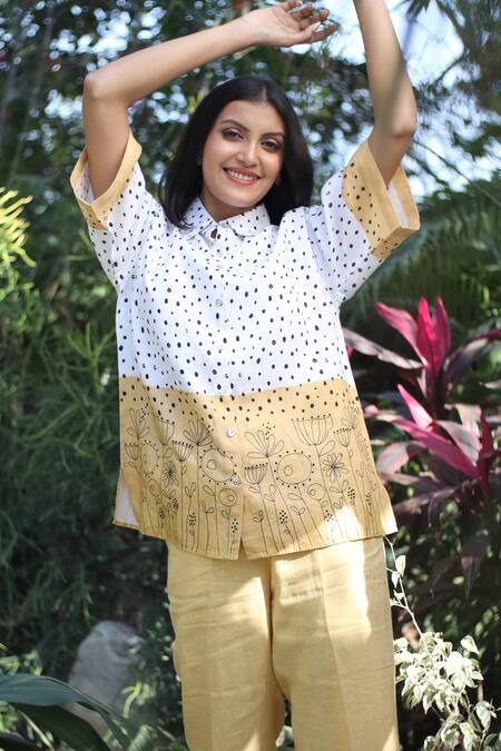 Linen Bloom_White Linen Embroidery Collared Color Block Shirt _Online_at_Aza_Fashions