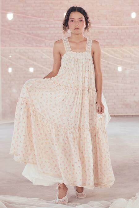 Buy_Itr By Khyati Pande_Off White Cotton Square Neck Floral Checkered Maxi Dress_Online_at_Aza_Fashions