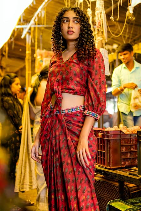 Buy_Shachi Sood_Red Dupion Silk Resham V Neck Embroidered Sleeved Top And Skirt Set _Online_at_Aza_Fashions