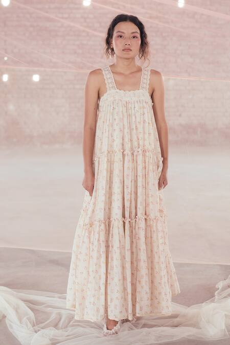 Shop_Itr By Khyati Pande_Off White Cotton Square Neck Floral Checkered Maxi Dress_Online_at_Aza_Fashions