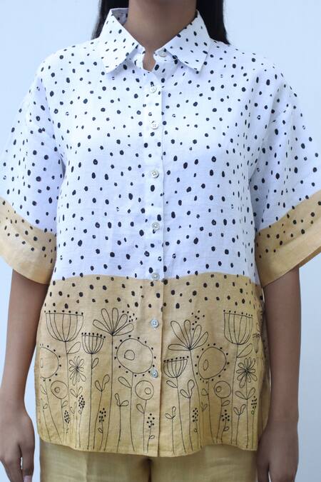 Shop_Linen Bloom_White Linen Embroidery Collared Color Block Shirt _Online_at_Aza_Fashions