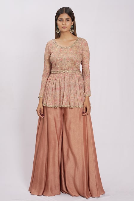 Vana Ethnics_Brown Silk Printed Geometric Round Peplum Top Palazzo Set _Online_at_Aza_Fashions