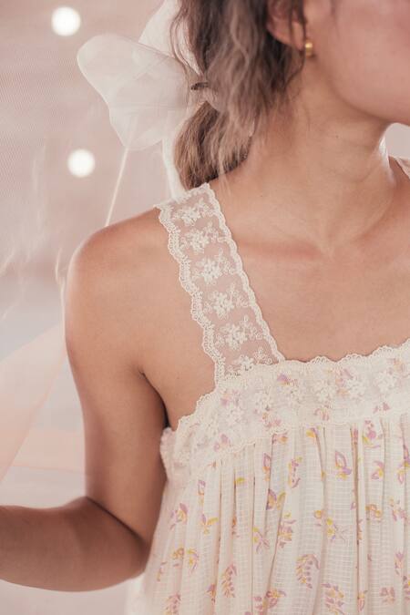 Itr By Khyati Pande_Off White Cotton Square Neck Floral Checkered Maxi Dress_at_Aza_Fashions