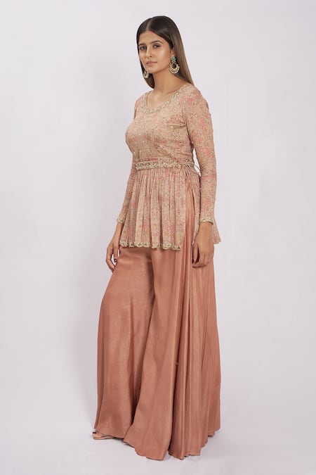 Buy_Vana Ethnics_Brown Silk Printed Geometric Round Peplum Top Palazzo Set _Online_at_Aza_Fashions