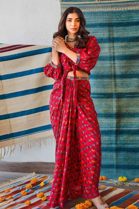 Shop_Shachi Sood_Red Dupion Silk Resham V Neck Embroidered Sleeved Top And Skirt Set _Online_at_Aza_Fashions