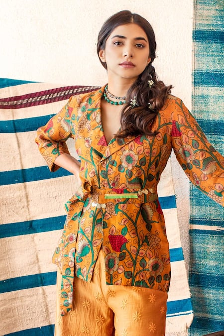 Buy_Shachi Sood_Yellow Dupion Silk, Fine Chanderi Kalamkari Notched Print Jacket Palazzo Set _Online_at_Aza_Fashions