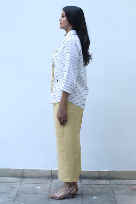 Buy_Linen Bloom_White Linen Embroidery Collared Stripe Pattern Shirt _Online_at_Aza_Fashions