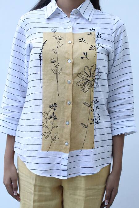 Shop_Linen Bloom_White Linen Embroidery Collared Stripe Pattern Shirt _Online_at_Aza_Fashions