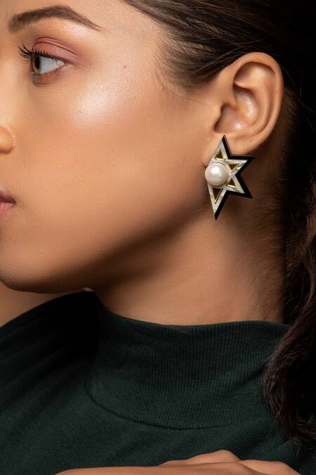 Prachi Gupta_Beige Astral Geometric Pattern Stud Earrings _Online_at_Aza_Fashions