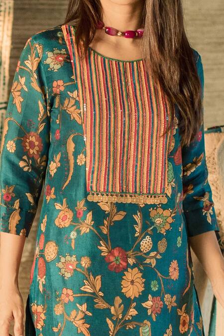 Shachi Sood_Blue Dupion Silk Sequins And Beads Round Floral Pattern Kurta And Pant Set _Online_at_Aza_Fashions