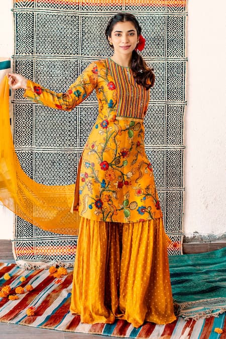 Shachi Sood_Yellow Dupion Silk, Fine Chanderi Beads And Sequins Embroidery, Kurta Sharara Set _at_Aza_Fashions