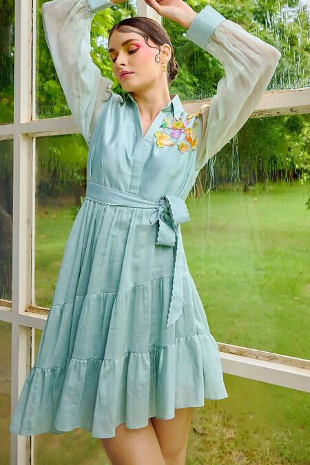 Buy_Garima Bindal_Grey Silk, Chanderi Embroidery Collared Dixy Short Shirt Dress _Online_at_Aza_Fashions