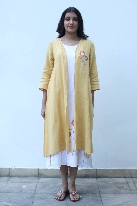 Linen Bloom_Yellow Placement Embroidered Front Open Cape _Online_at_Aza_Fashions