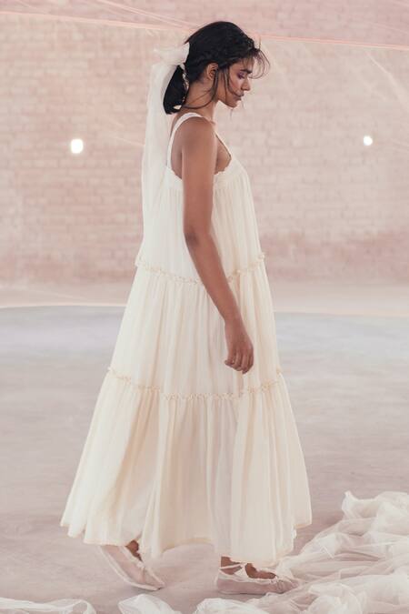 Itr By Khyati Pande_Off White Cotton Square Neck Carnation Hand Block Printed Dress_Online_at_Aza_Fashions