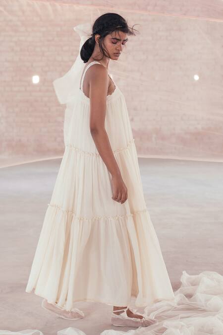 Buy_Itr By Khyati Pande_Off White Cotton Square Neck Carnation Hand Block Printed Dress_Online_at_Aza_Fashions