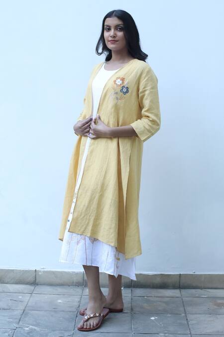 Buy_Linen Bloom_Yellow Placement Embroidered Front Open Cape _Online_at_Aza_Fashions