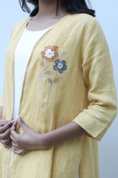 Shop_Linen Bloom_Yellow Placement Embroidered Front Open Cape _Online_at_Aza_Fashions