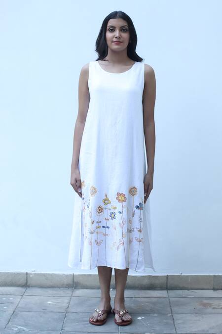Linen Bloom_White Linen Embroidery Round Neck Floral Dress _Online_at_Aza_Fashions