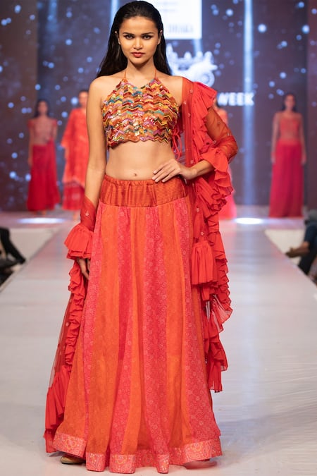 Shop_Rina Dhaka_Red Cotton Sequins Halter Neck Bandhani Pattern Lehenga Set_Online_at_Aza_Fashions