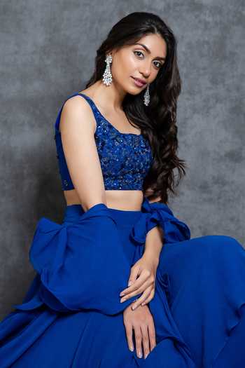 Sunita Bhandari Blue Viscose Sequins, Beads V-neck Layered Lehenga Embroidered Blouse Set Online at Aza Fashions Sunita Bhandari_Blue Viscose Sequins, Beads V-neck Layered Lehenga Embroidered Blouse Set _Online_at_Aza_Fashions