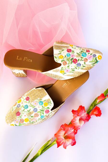 LA Fiza_Multi Color Embroidery Hasrat Floral Block Heels_at_Aza_Fashions