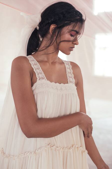 Shop_Itr By Khyati Pande_Off White Cotton Square Neck Carnation Hand Block Printed Dress_Online_at_Aza_Fashions